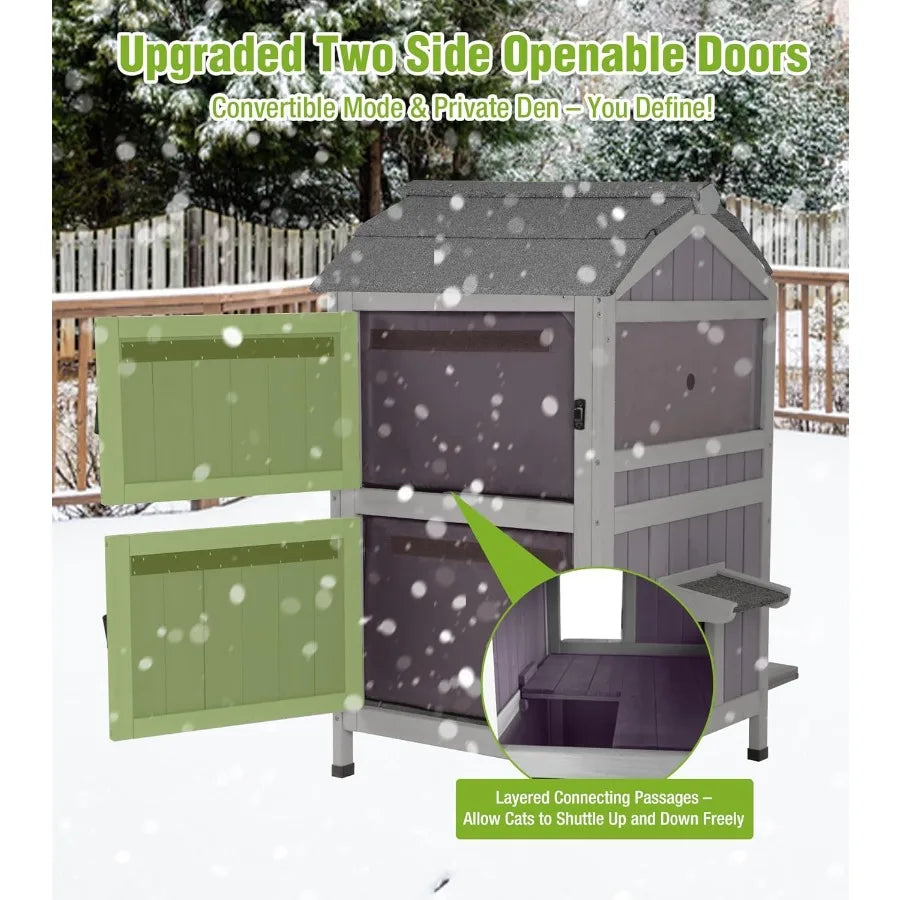 Heated Cat House Outdoor 2-Story Feral Cat Shelter Weatherproof with Electric Heating Blanket Large Acrylic Window Movable Floo