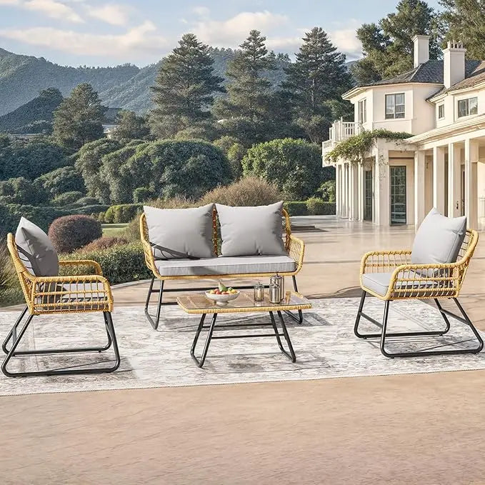 4-Piece Patio Furniture Wicker Outdoor Bistro Set, All-Weather Rattan Conversation Loveseat Chairs For Backyard, Balcony And De