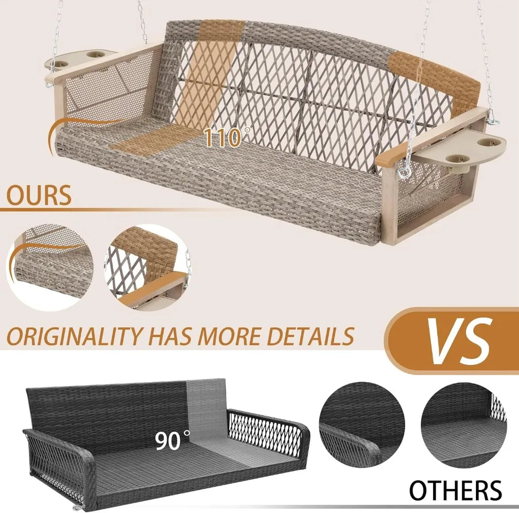 3-Person Wicker Porch Swing with Upgraded Cup Holder, 55 Inch Patio Hanging Swing Bench Chair with Cushions 900lbs Capacity