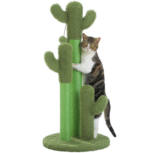 Cactus Cat Scratching Post for Indoor Cats Tall Cat Scratcher with 3 Sisal Scratching Poles Interactive Dangling Ball Cat Toys
