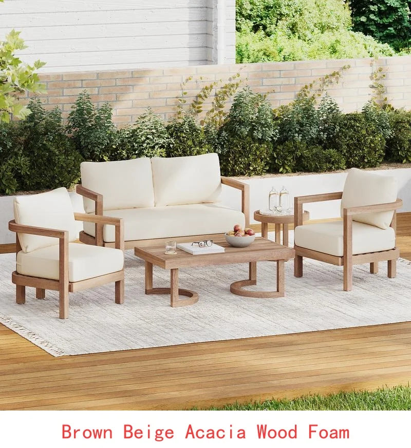 4 Piece Acacia Wood Outdoor Patio Deep Seating Cushioned Set With Coffee Table