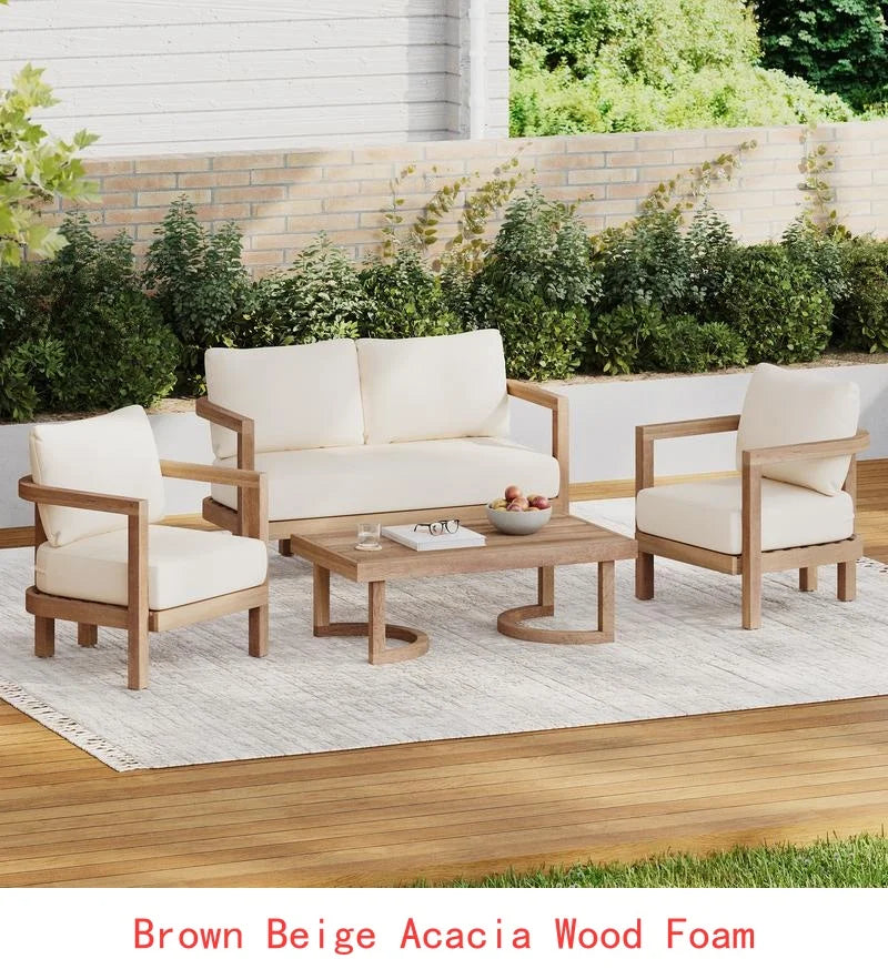 4 Piece Acacia Wood Outdoor Patio Deep Seating Cushioned Set With Coffee Table