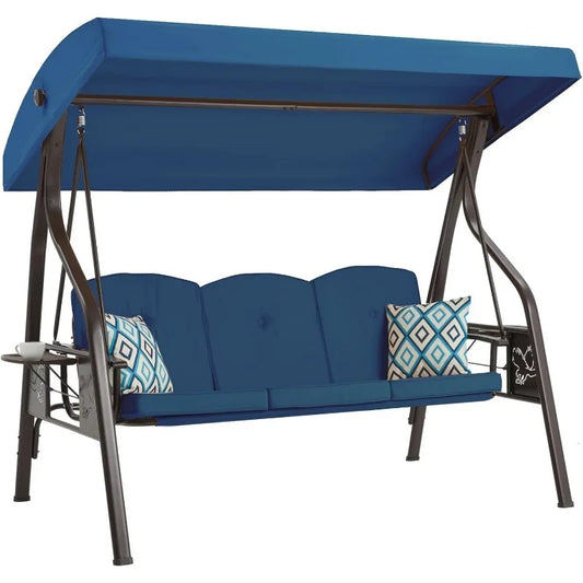 3-Seat Outdoor Porch Swing with Stand, Patio with Canopy, 2 in 1 Porch Bed & Patio Chair for Adult w/Extra Pil