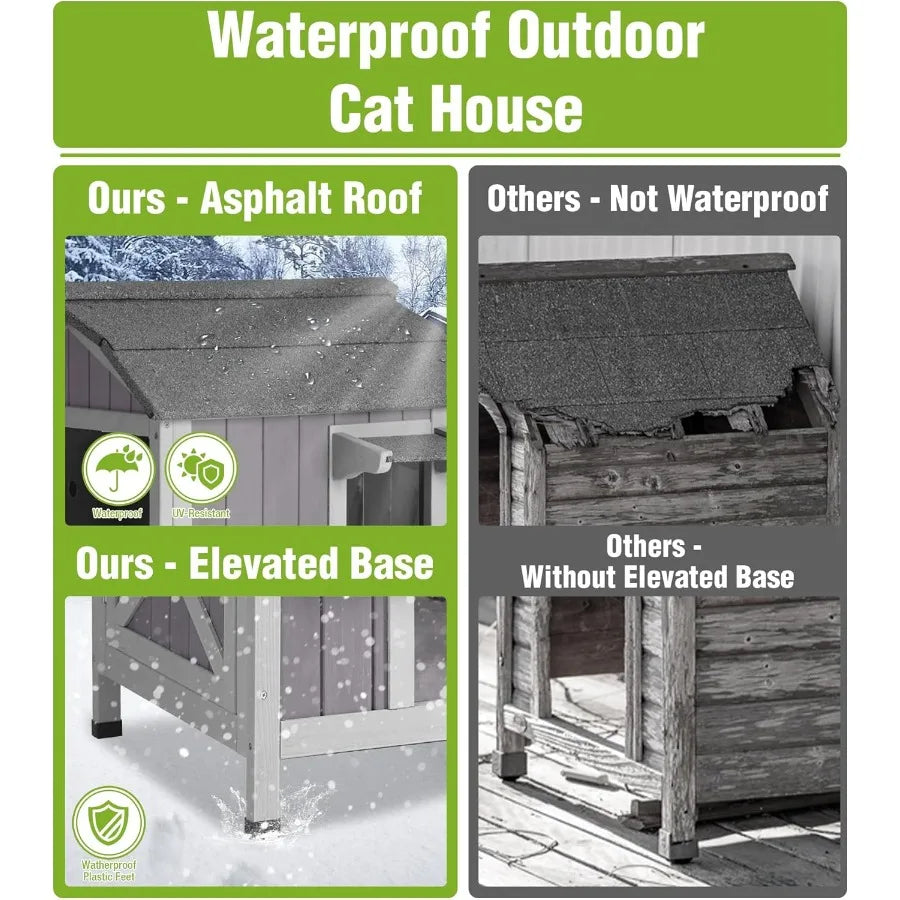 Heated Cat House Outdoor 2-Story Feral Cat Shelter Weatherproof with Electric Heating Blanket Large Acrylic Window Movable Floo