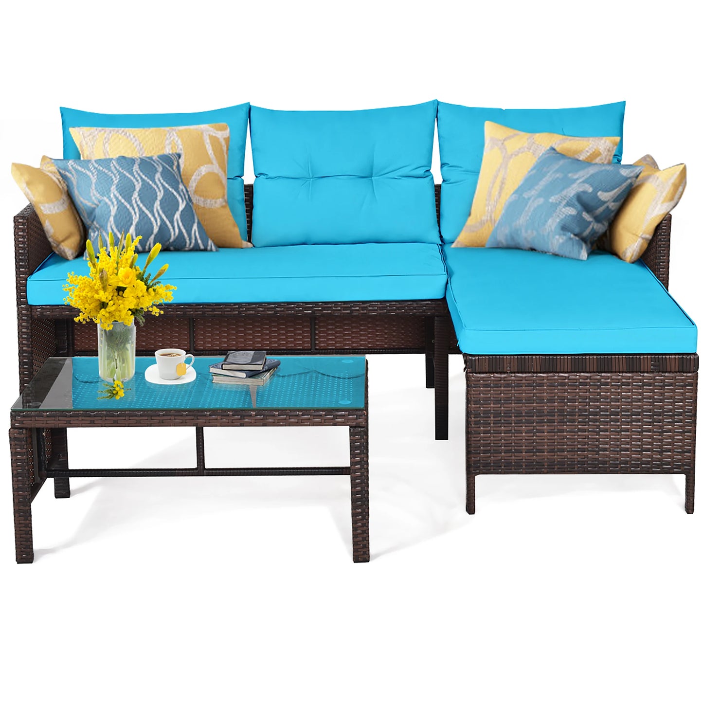 3PCS Patio Wicker Rattan Sofa Set Outdoor Sectional Conversation Set Turquoise