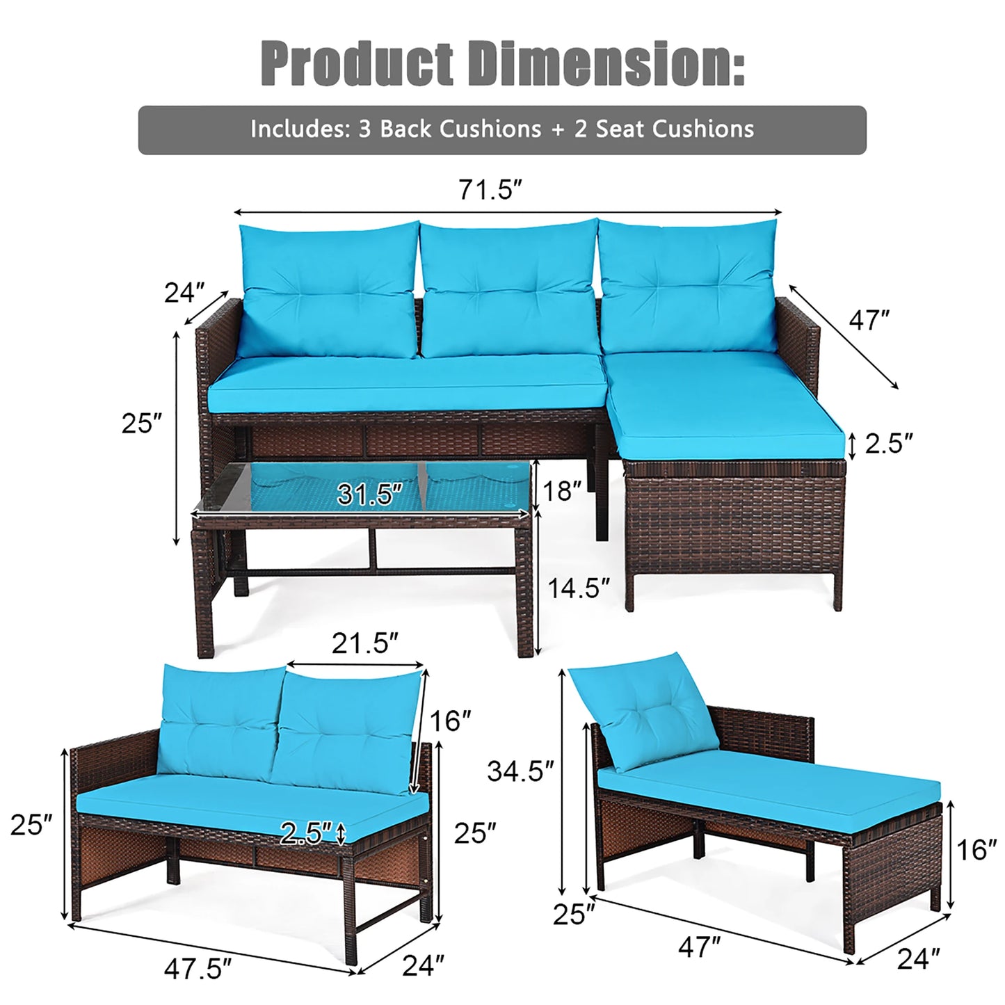 3PCS Patio Wicker Rattan Sofa Set Outdoor Sectional Conversation Set Turquoise