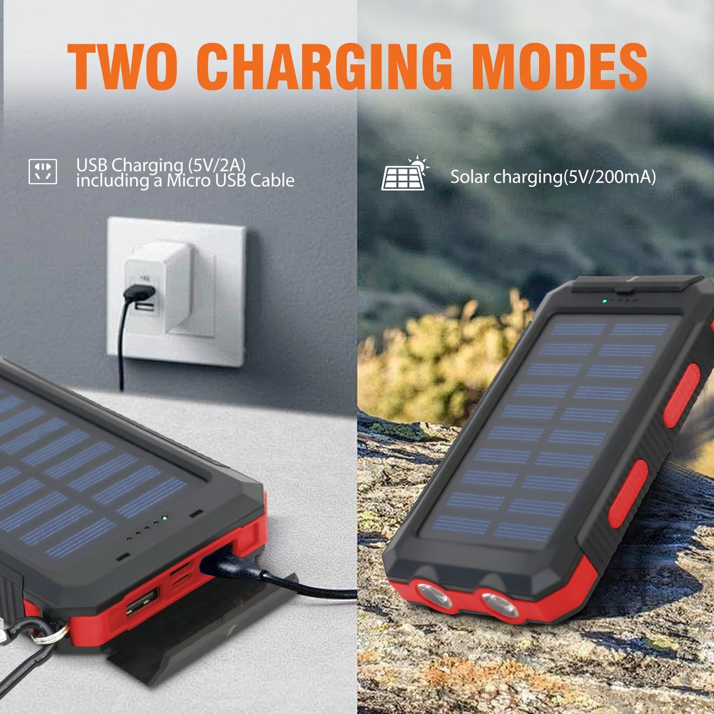 20000mAh Solar Charger Waterproof Portable Solar Power Bank Dual 5V USB Ports 2 LED Flashlight Compass for Outdoor Camping Hik
