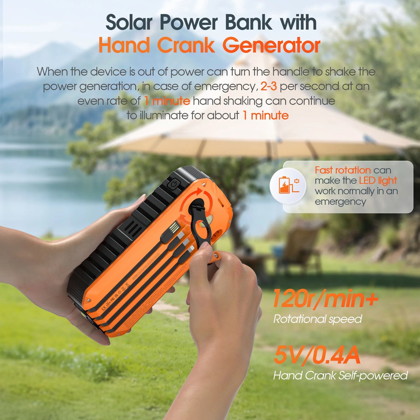40,000mAh Solar Power Bank with Hand Crank, Built-in 4 Cables, Compass & Level, LED Flashlight - Portable Charger for Camping