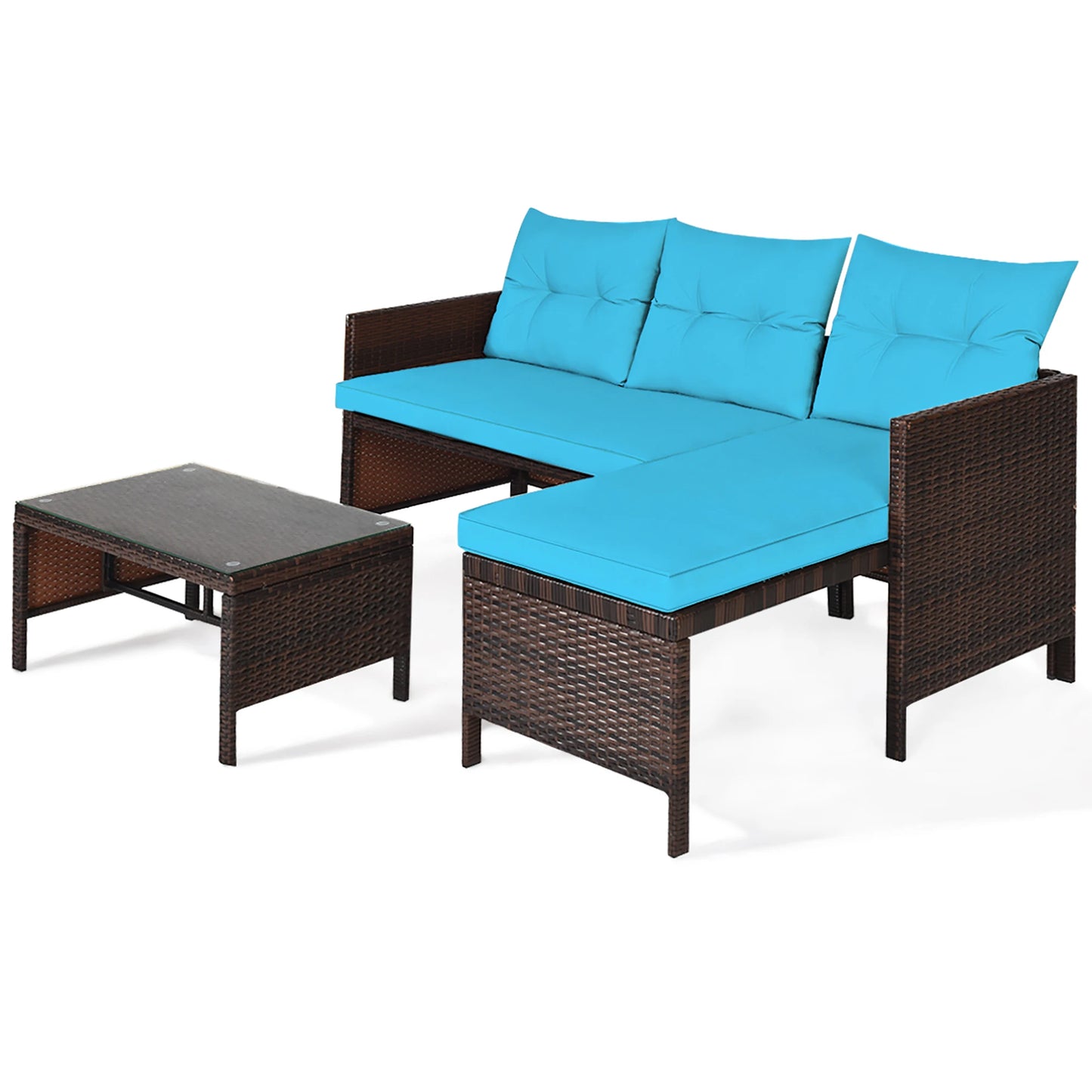 3PCS Patio Wicker Rattan Sofa Set Outdoor Sectional Conversation Set Turquoise