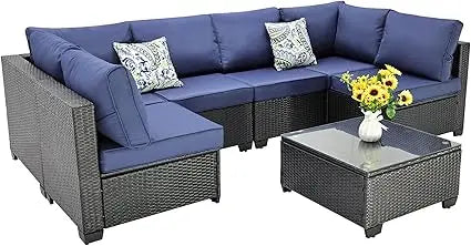 7 Pieces Outdoor Patio Furniture Sets, PE Rattan Wicker Patio Conversation Set with Tea Table (2BLACK/BL, B/ZB)