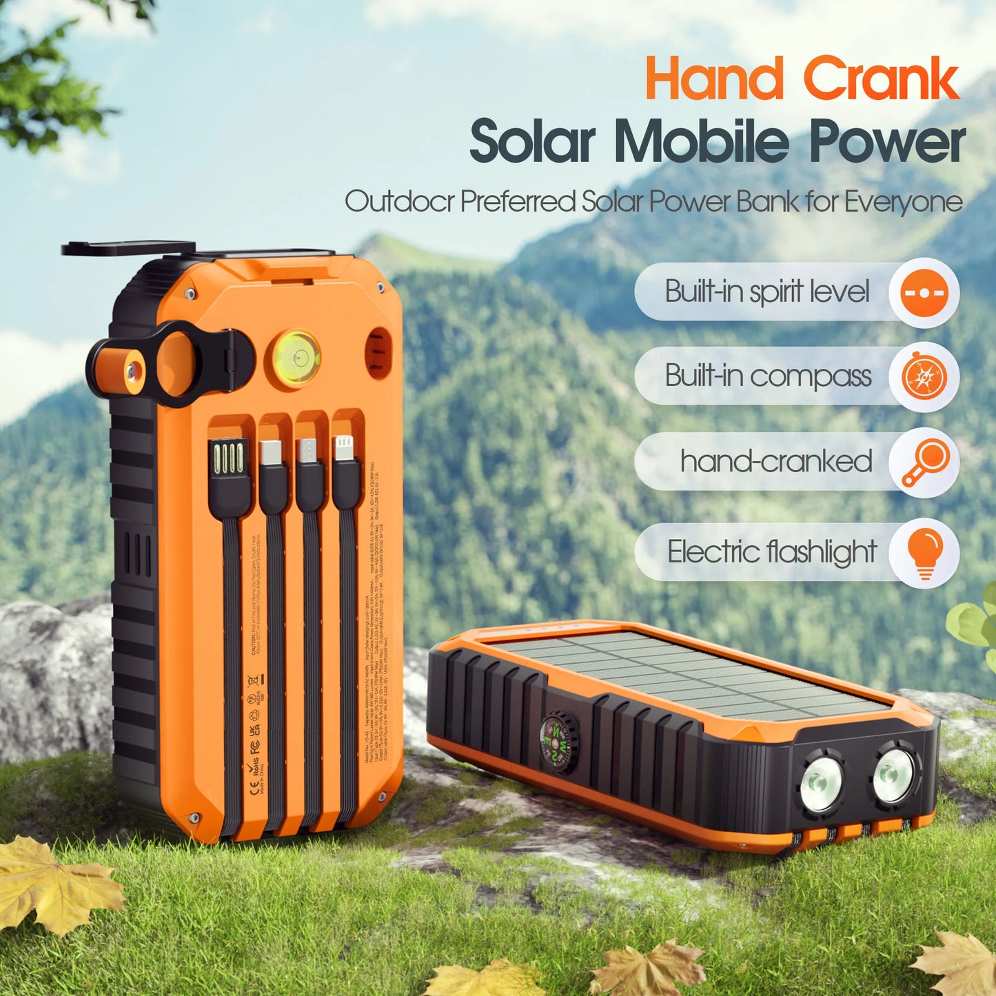 40,000mAh Solar Power Bank with Hand Crank, Built-in 4 Cables, Compass & Level, LED Flashlight - Portable Charger for Camping