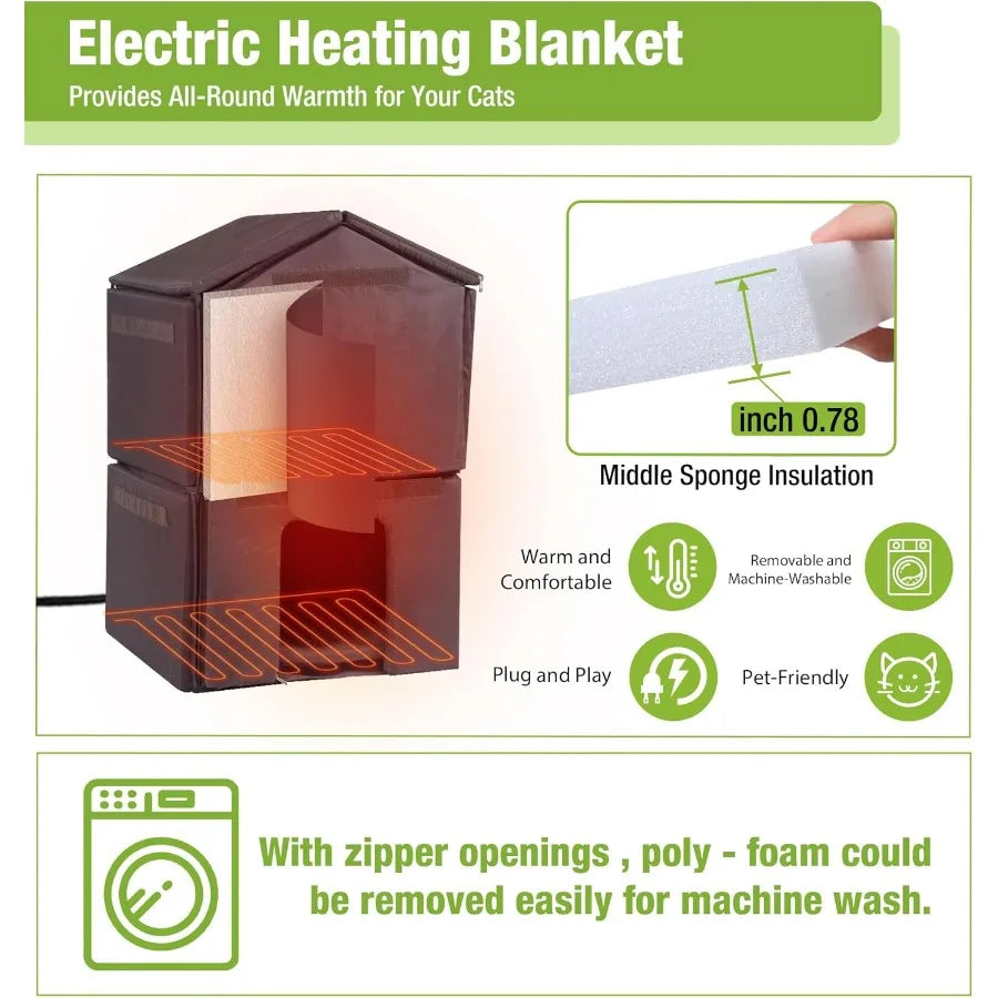 Heated Cat House Outdoor 2-Story Feral Cat Shelter Weatherproof with Electric Heating Blanket Large Acrylic Window Movable Floo