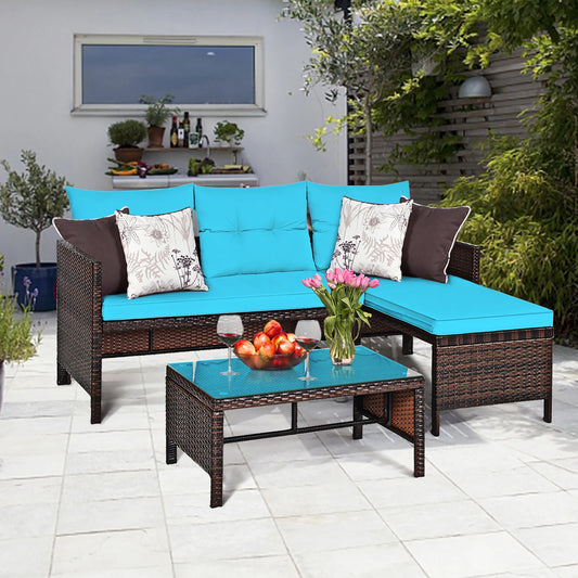 3PCS Patio Wicker Rattan Sofa Set Outdoor Sectional Conversation Set Turquoise