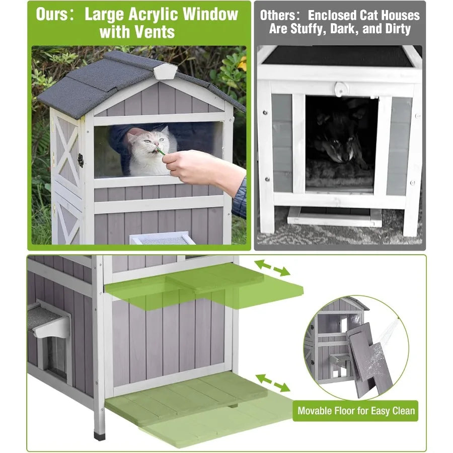 Heated Cat House Outdoor 2-Story Feral Cat Shelter Weatherproof with Electric Heating Blanket Large Acrylic Window Movable Floo