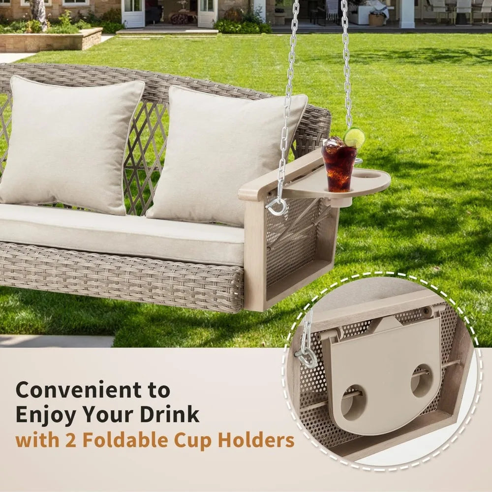 3-Person Wicker Porch Swing with Upgraded Cup Holder, 55 Inch Patio Hanging Swing Bench Chair with Cushions 900lbs Capacity