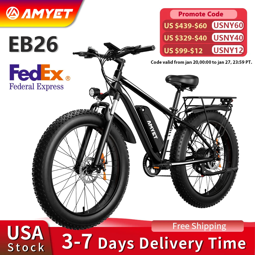 Amyet Eb26 Electric Bike 1500W Peak 48V 15Ah Adults 26 Inch Fat Tire Bike 31mph