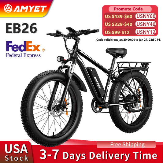Amyet Eb26 Electric Bike 1500W Peak 48V 15Ah Adults 26 Inch Fat Tire Bike 31mph