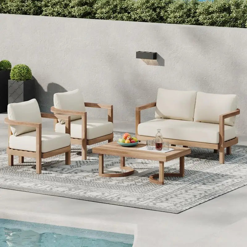 4 Piece Acacia Wood Outdoor Patio Deep Seating Cushioned Set With Coffee Table