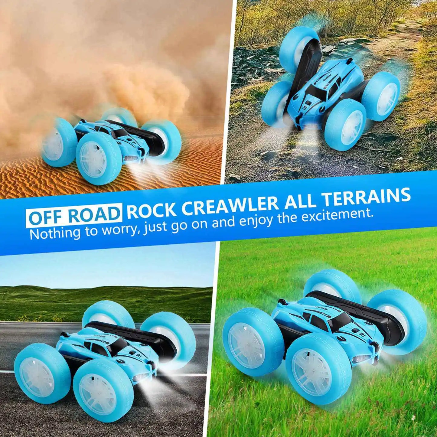 2.4G Double Sided RC Stunt Car 360°  Rotating Remote Control Car with LED Lights 2 Rechargeable Batteries for Outdoor Blue