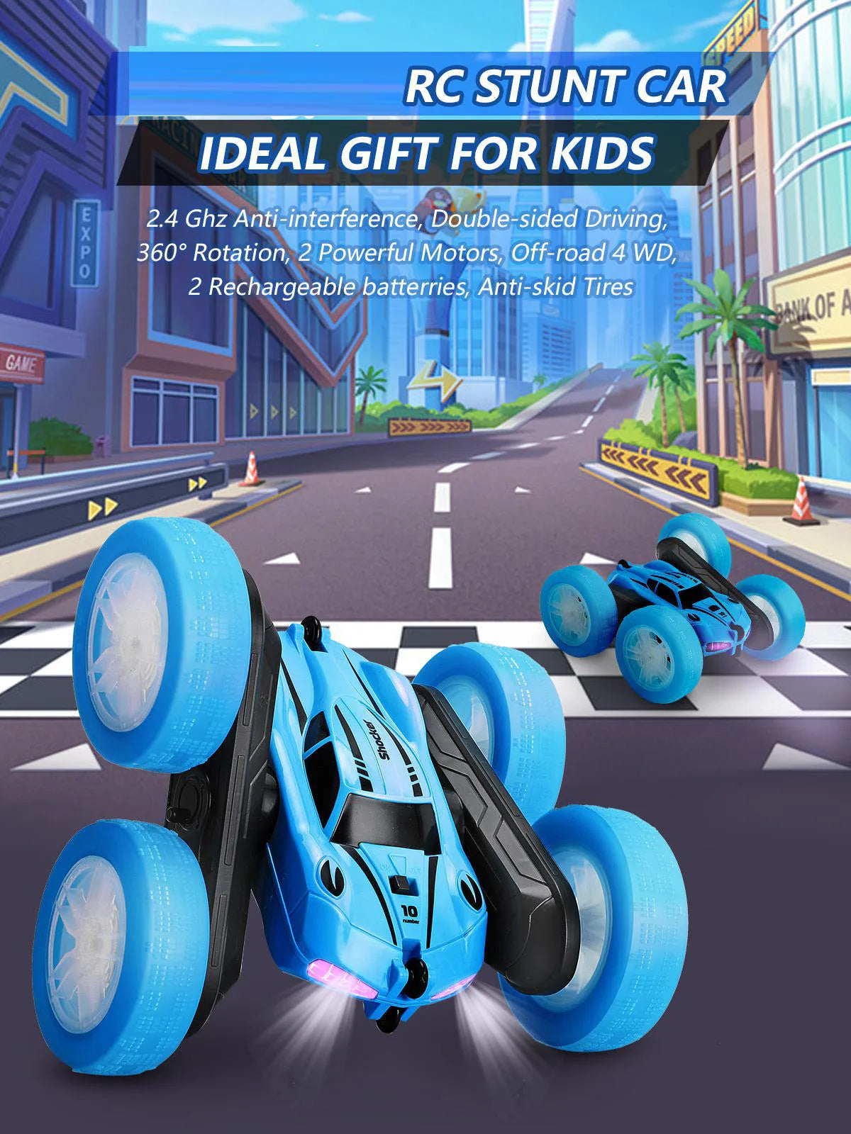 2.4G Double Sided RC Stunt Car 360°  Rotating Remote Control Car with LED Lights 2 Rechargeable Batteries for Outdoor Blue
