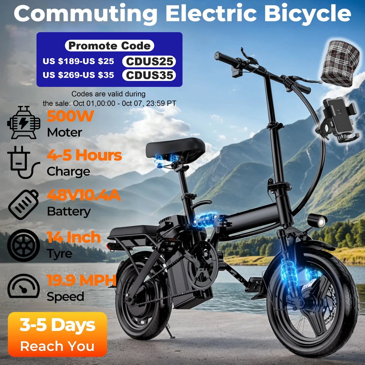 Lelekuai 500W Adult Electric Folding Bike 14 Inch 20 MPH Removable 48V Battery