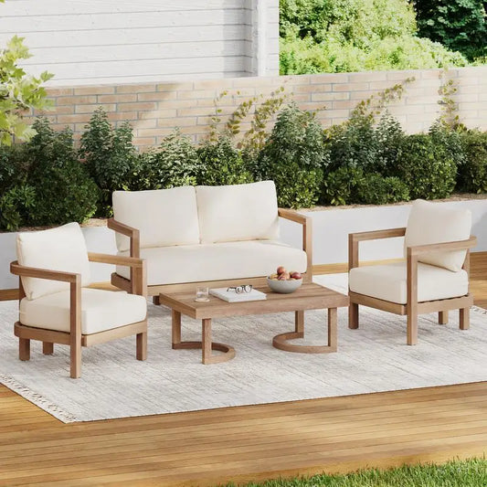 4 Piece Acacia Wood Outdoor Patio Deep Seating Cushioned Set With Coffee Table