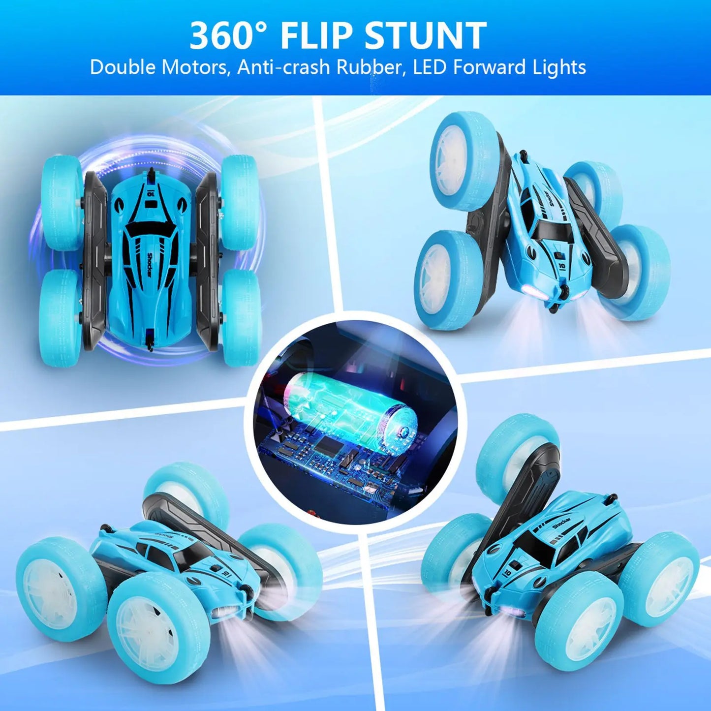 2.4G Double Sided RC Stunt Car 360°  Rotating Remote Control Car with LED Lights 2 Rechargeable Batteries for Outdoor Blue