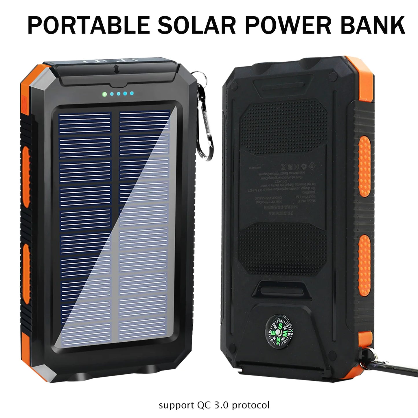 20000mAh Solar Charger Waterproof Portable Solar Power Bank Dual 5V USB Ports 2 LED Flashlight Compass for Outdoor Camping Hik