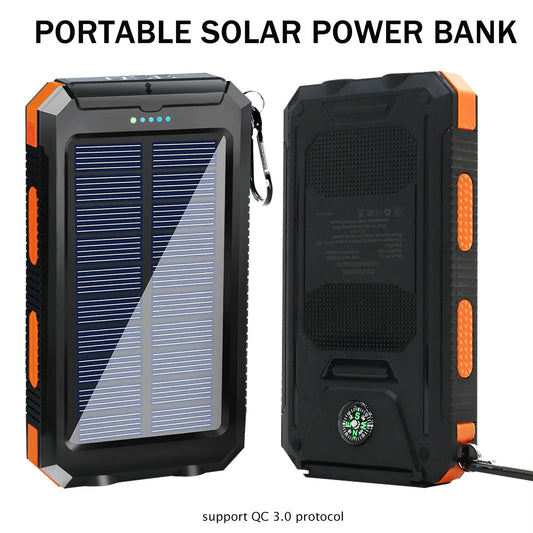 20000mAh Solar Charger Waterproof Portable Solar Power Bank Dual 5V USB Ports 2 LED Flashlight Compass for Outdoor Camping Hik