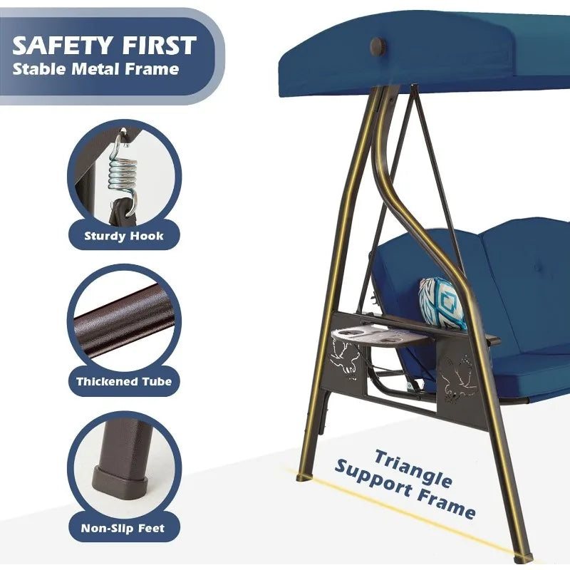 3-Seat Outdoor Porch Swing with Stand, Patio with Canopy, 2 in 1 Porch Bed & Patio Chair for Adult w/Extra Pil