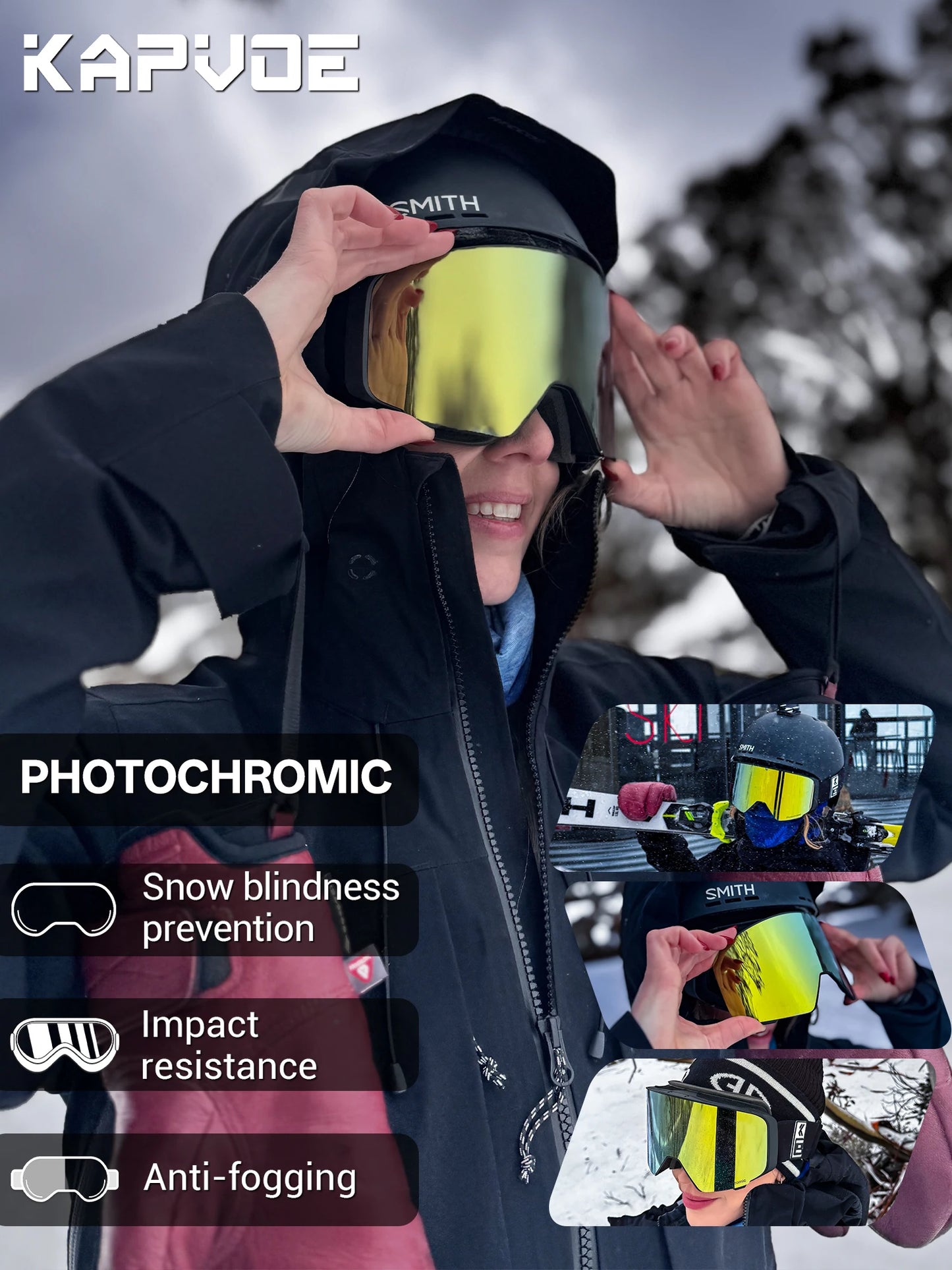 Kapvoe Photochromic Ski Goggles Breathable UV400 Anti Fog Magnetic Snowboard