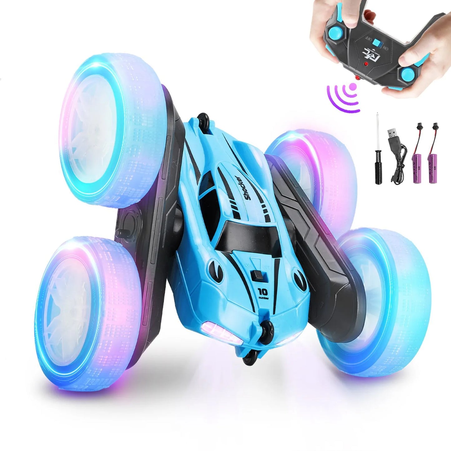2.4G Double Sided RC Stunt Car 360°  Rotating Remote Control Car with LED Lights 2 Rechargeable Batteries for Outdoor Blue