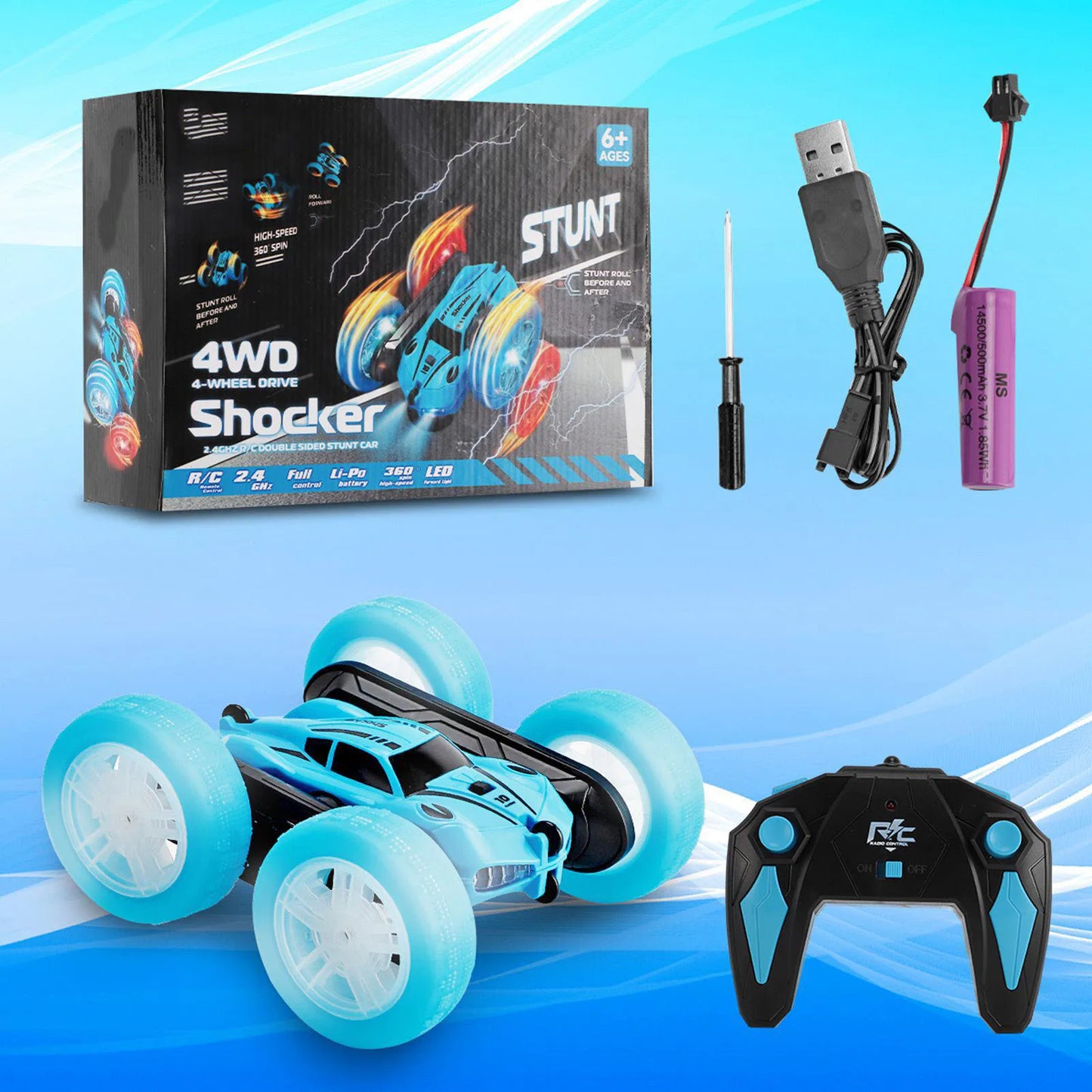 2.4G Double Sided RC Stunt Car 360°  Rotating Remote Control Car with LED Lights 2 Rechargeable Batteries for Outdoor Blue