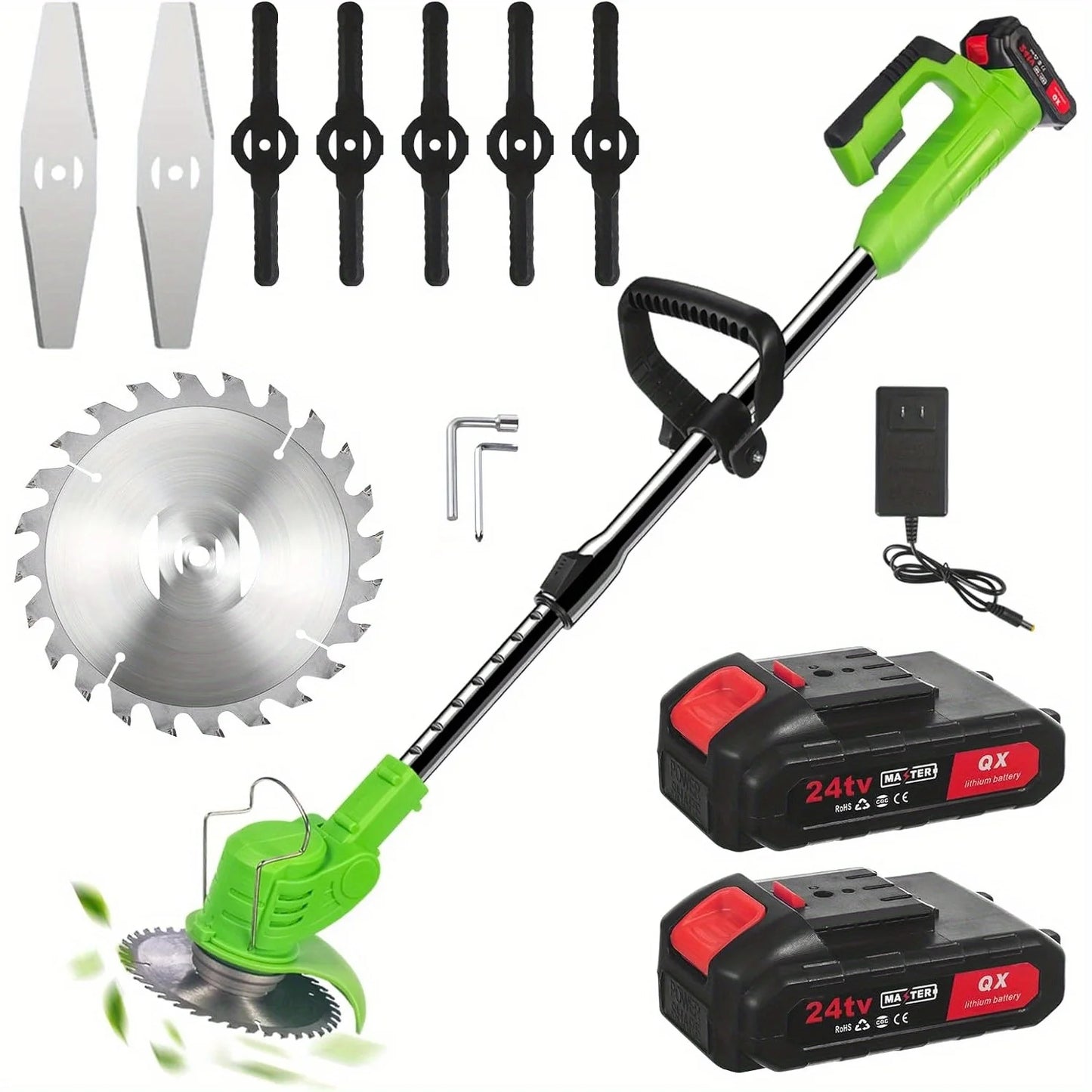 Weed Wacker Battery Operated, 600W Cordless Grass Trimmer 51" Height Adjustable Brush Cutter with 8 Blades and 2 * 24V Batteries